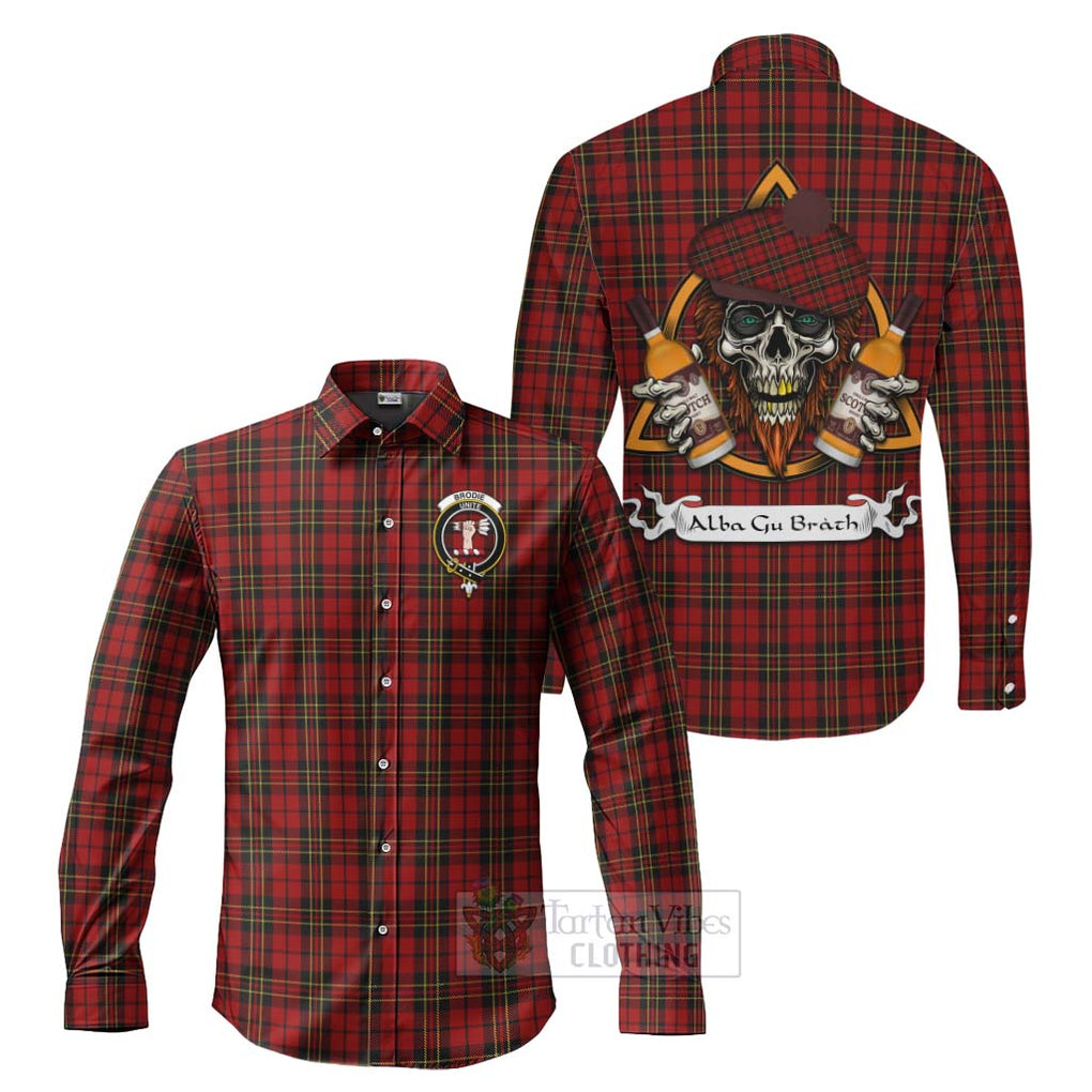 Tartan Vibes Clothing Brodie Tartan Long Sleeve Button Shirt with Family Crest and Bearded Skull Holding Bottles of Whiskey