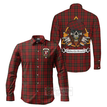 Brodie Tartan Long Sleeve Button Shirt with Family Crest and Bearded Skull Holding Bottles of Whiskey