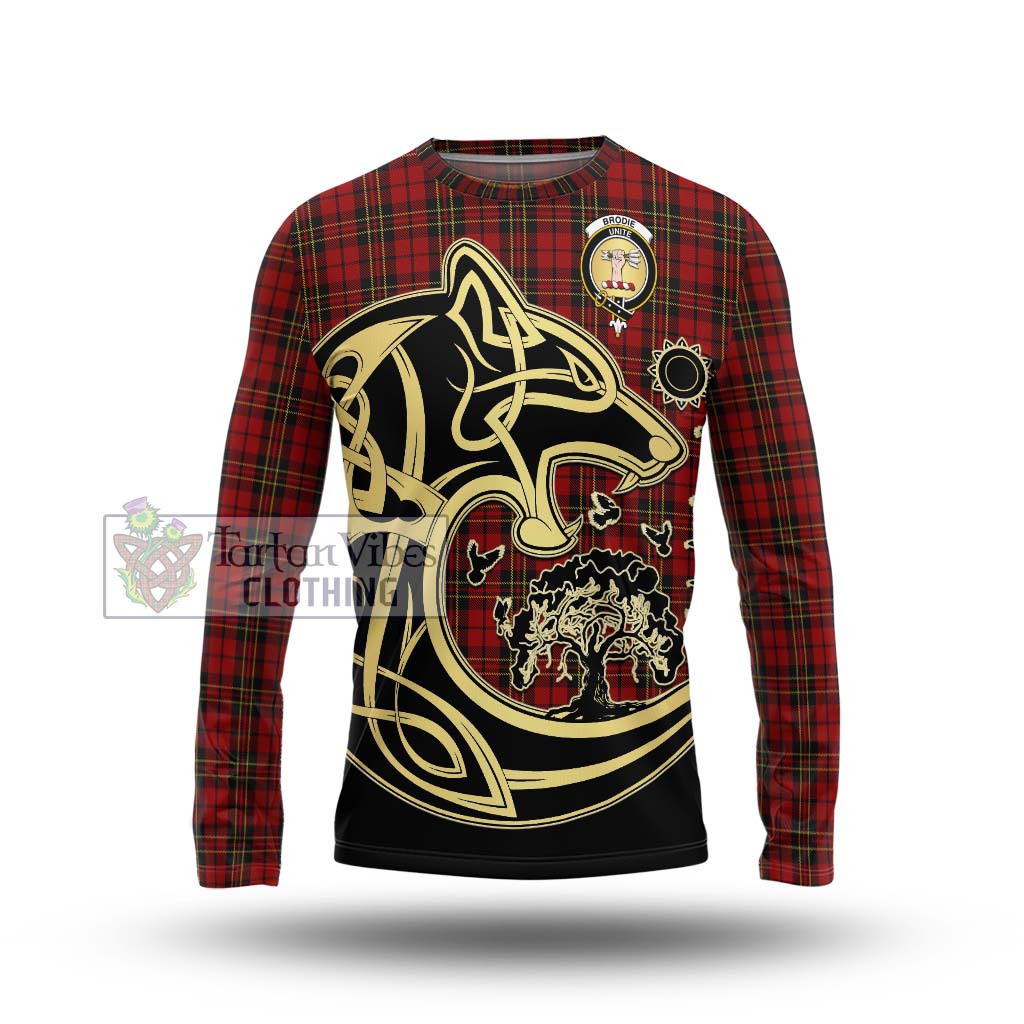 Tartan Vibes Clothing Brodie Tartan Long Sleeve T-Shirt with Family Crest Celtic Wolf Style