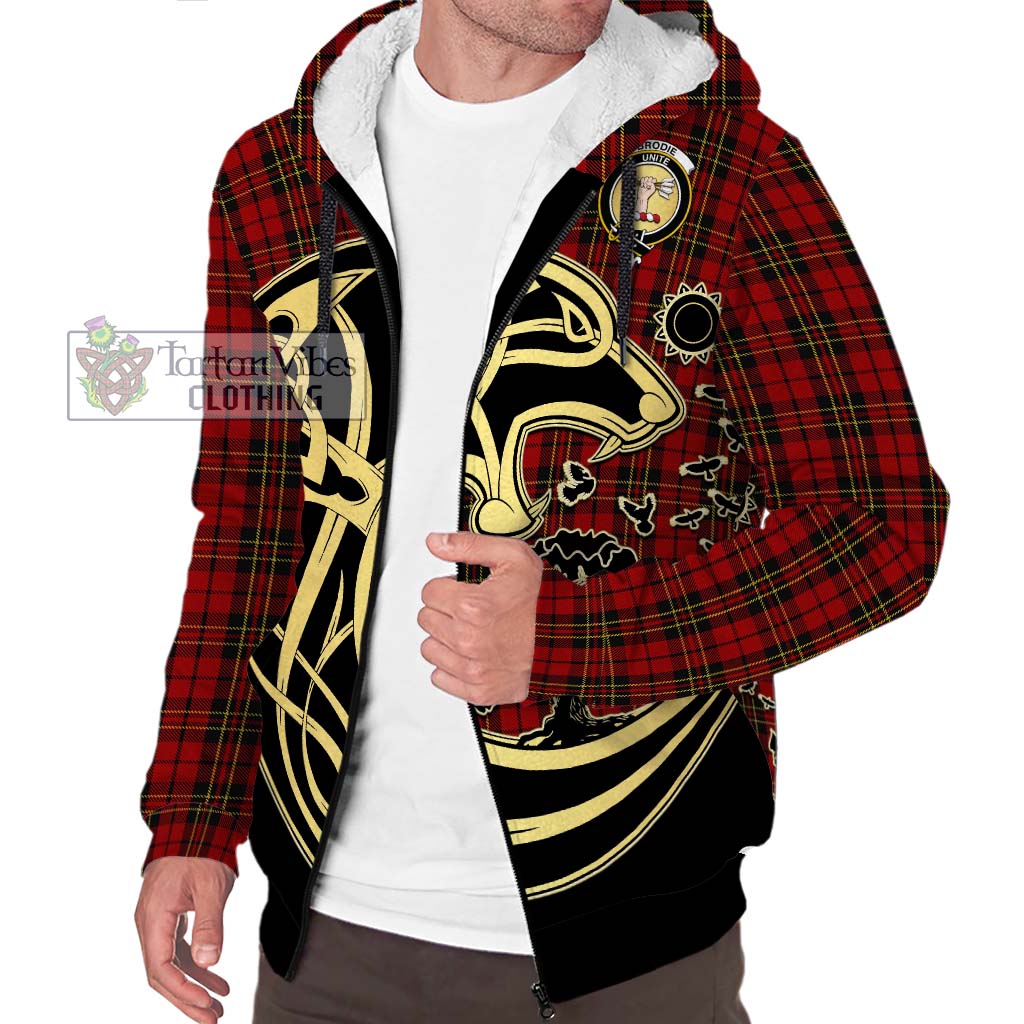 Tartan Vibes Clothing Brodie Tartan Sherpa Hoodie with Family Crest Celtic Wolf Style