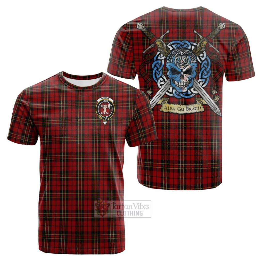 Tartan Vibes Clothing Brodie Tartan Cotton T-shirt with Family Crest Celtic Skull Style