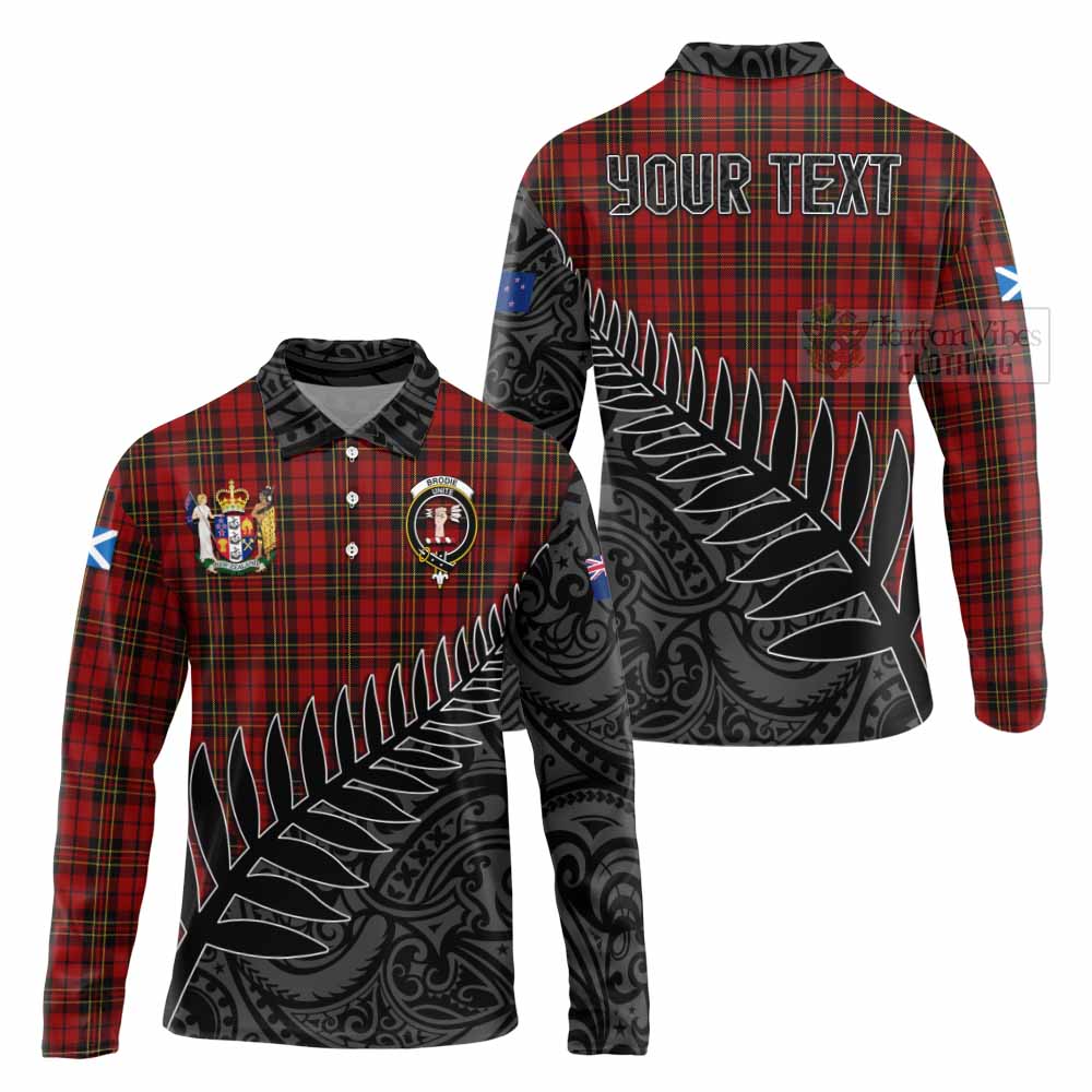 Tartan Vibes Clothing Brodie Crest Tartan Long Sleeve Polo Shirt with New Zealand Silver Fern Half Style