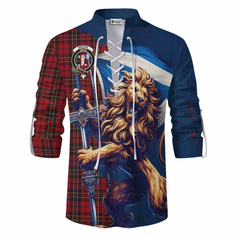 Tartan Vibes Clothing Brodie Tartan Family Crest Ghillie Kilt Shirt with Scottish Majestic Lion