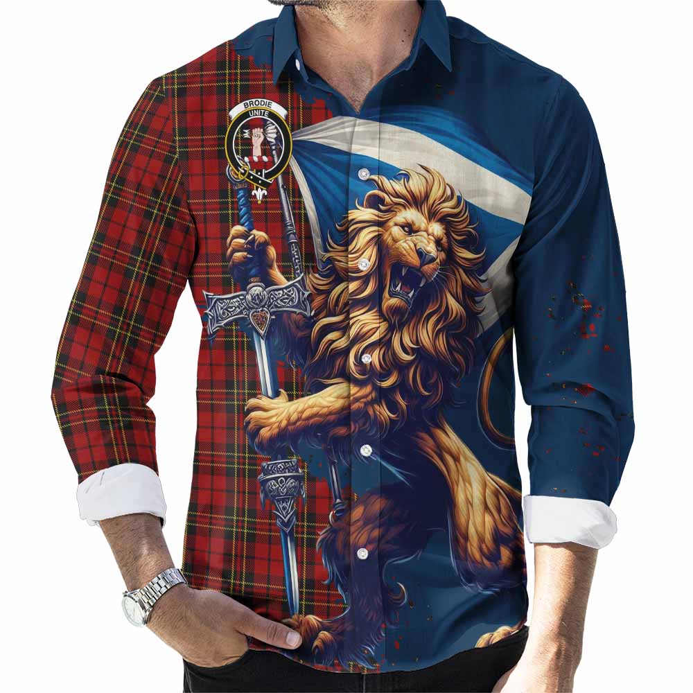 Tartan Vibes Clothing Brodie Tartan Family Crest Long Sleeve Button Shirt with Scottish Majestic Lion