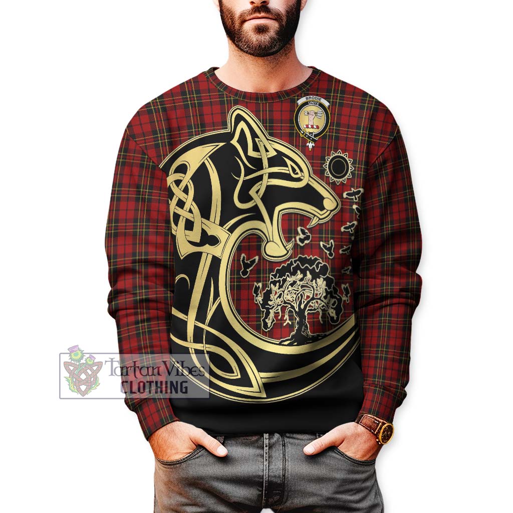 Tartan Vibes Clothing Brodie Tartan Sweatshirt with Family Crest Celtic Wolf Style