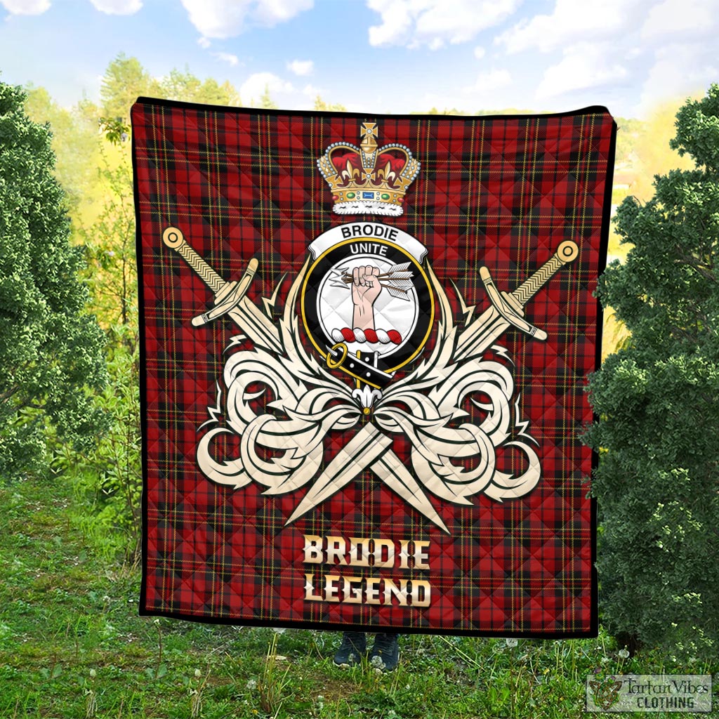 Tartan Vibes Clothing Brodie Tartan Quilt with Clan Crest and the Golden Sword of Courageous Legacy