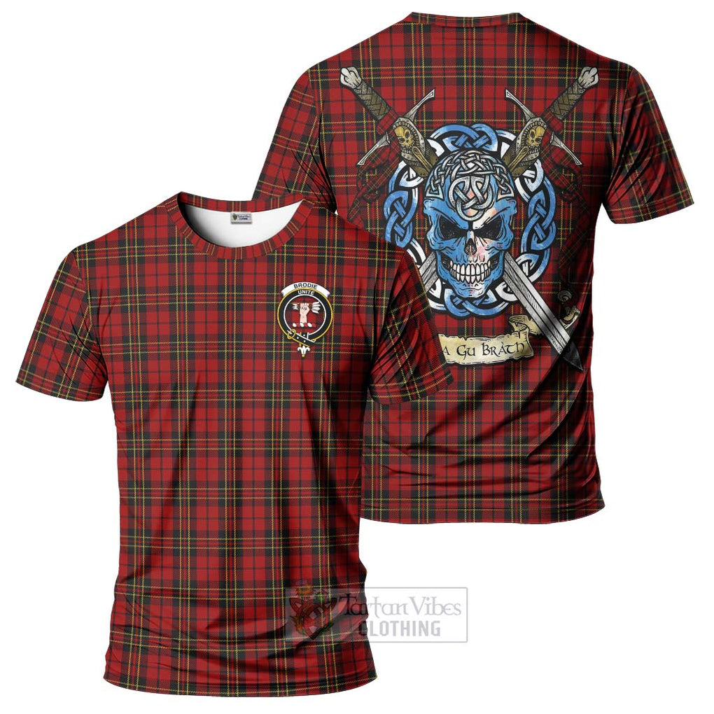 Tartan Vibes Clothing Brodie Tartan T-Shirt with Family Crest Celtic Skull Style