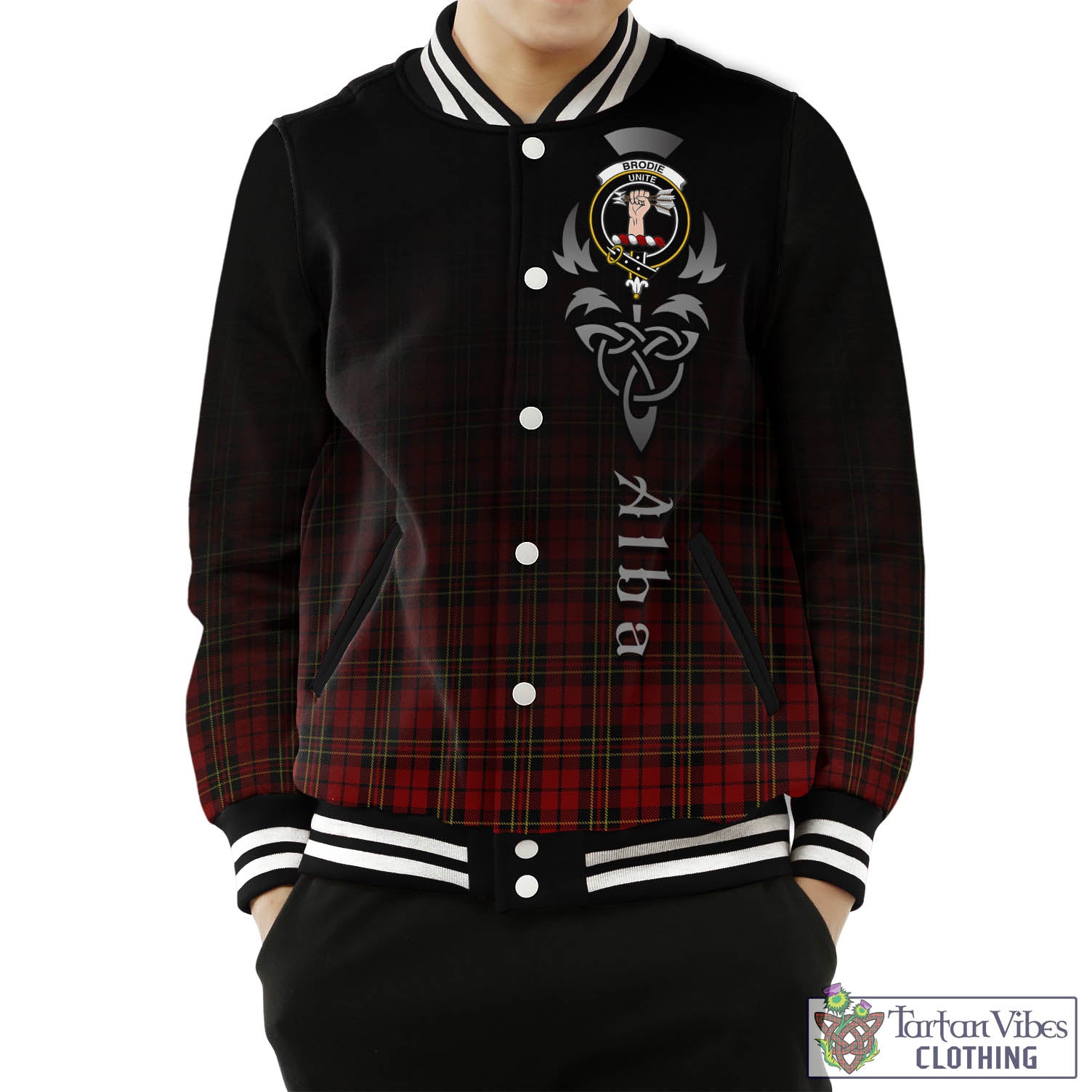 Tartan Vibes Clothing Brodie Tartan Baseball Jacket Featuring Alba Gu Brath Family Crest Celtic Inspired