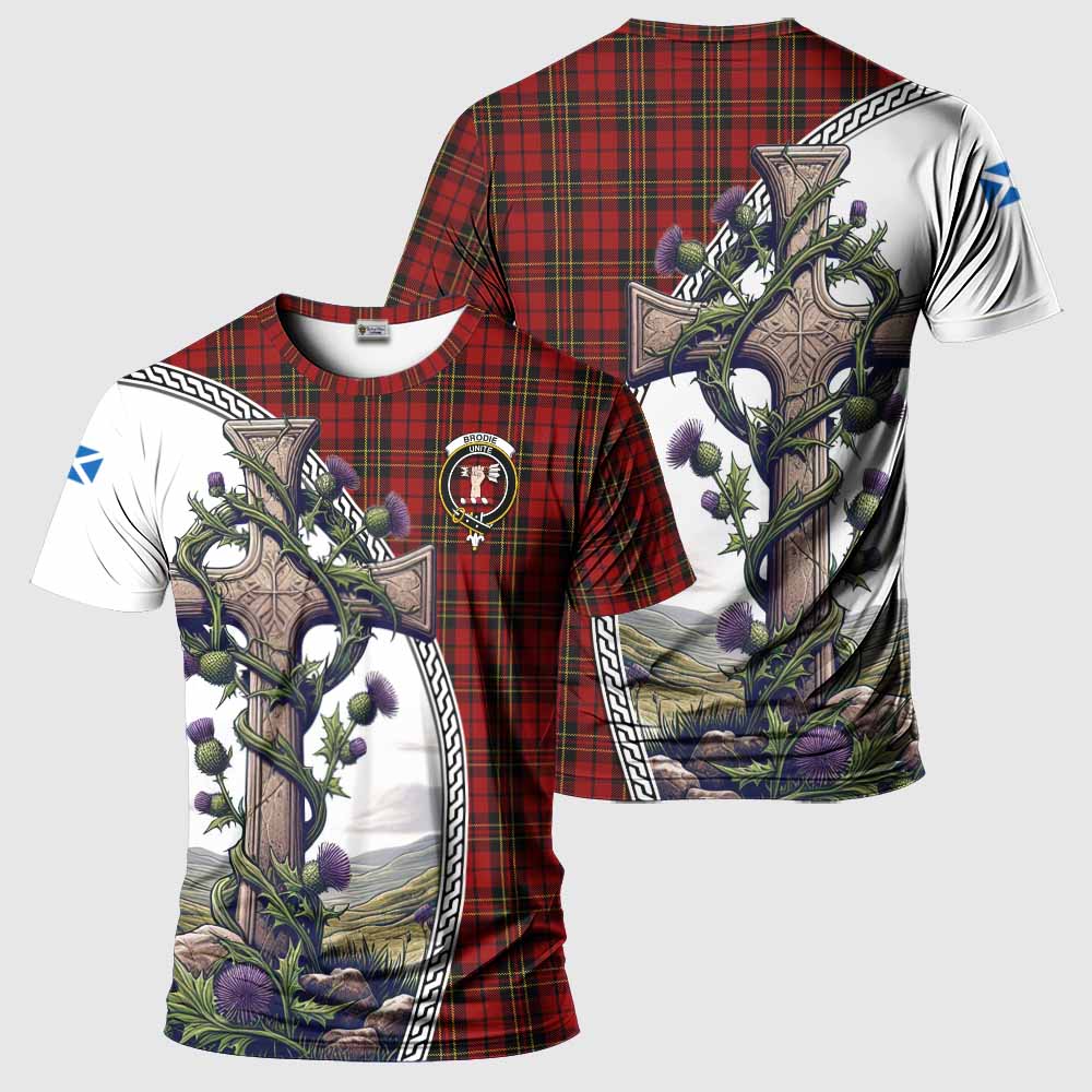 Tartan Vibes Clothing Brodie Agnew Tartan T-Shirt with Family Crest and St. Andrew's Cross Accented by Thistle Vines