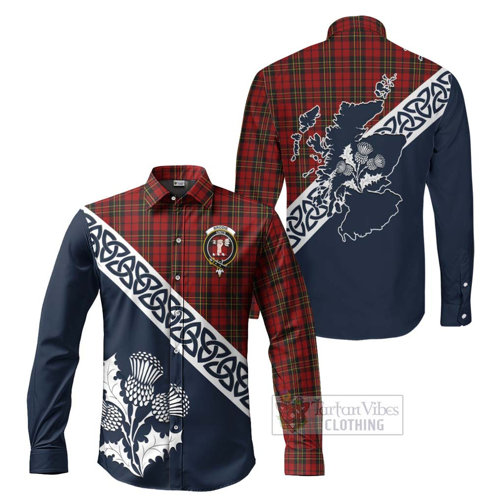 Tartan Vibes Clothing Brodie Tartan Long Sleeve Button Shirt Featuring Thistle and Scotland Map