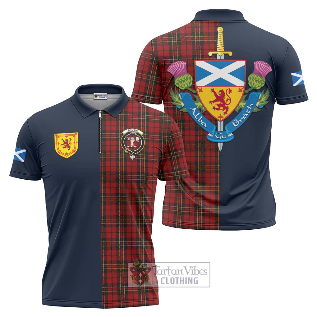 Tartan Vibes Clothing Brodie Tartan Zipper Polo Shirt with Scottish Lion Royal Arm Half Style