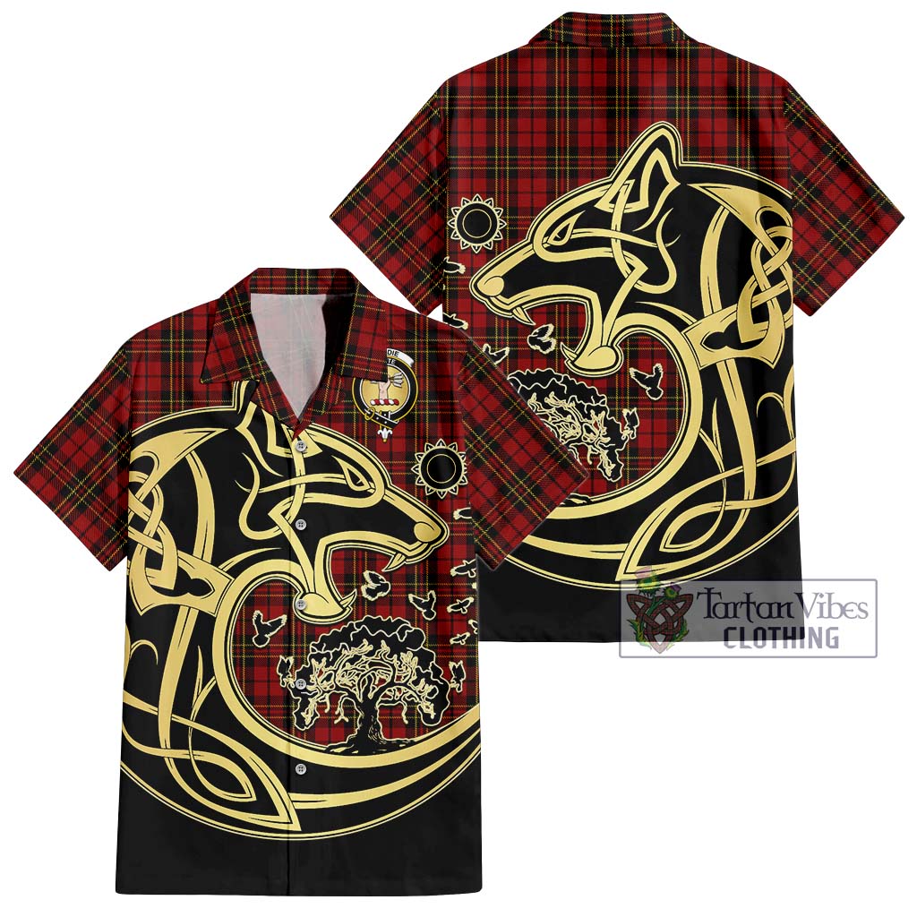 Tartan Vibes Clothing Brodie Tartan Short Sleeve Button Shirt with Family Crest Celtic Wolf Style