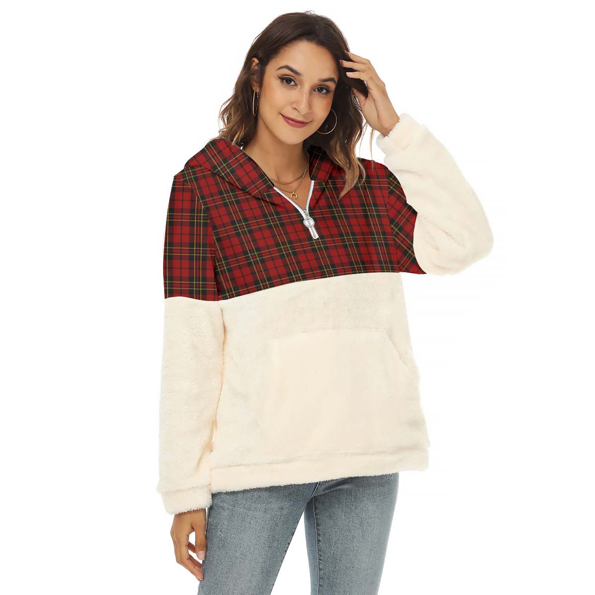 Brodie Tartan Women's Borg Fleece Hoodie With Half Zip Female - Tartanvibesclothing