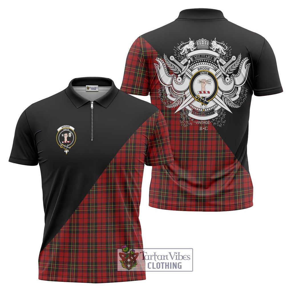 Brodie Tartan Zipper Polo Shirt with Family Crest and Military Logo Style Unisex - Tartanvibesclothing Shop