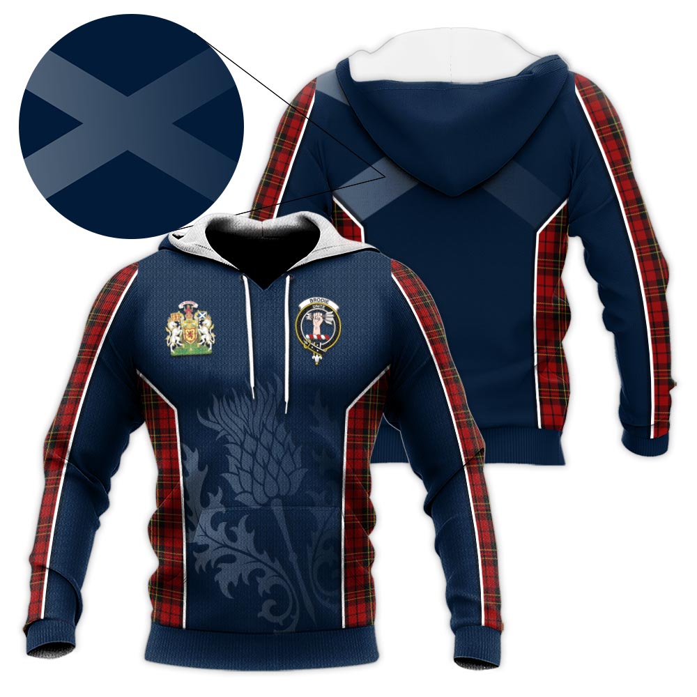 Tartan Vibes Clothing Brodie Tartan Knitted Hoodie with Family Crest and Scottish Thistle Vibes Sport Style