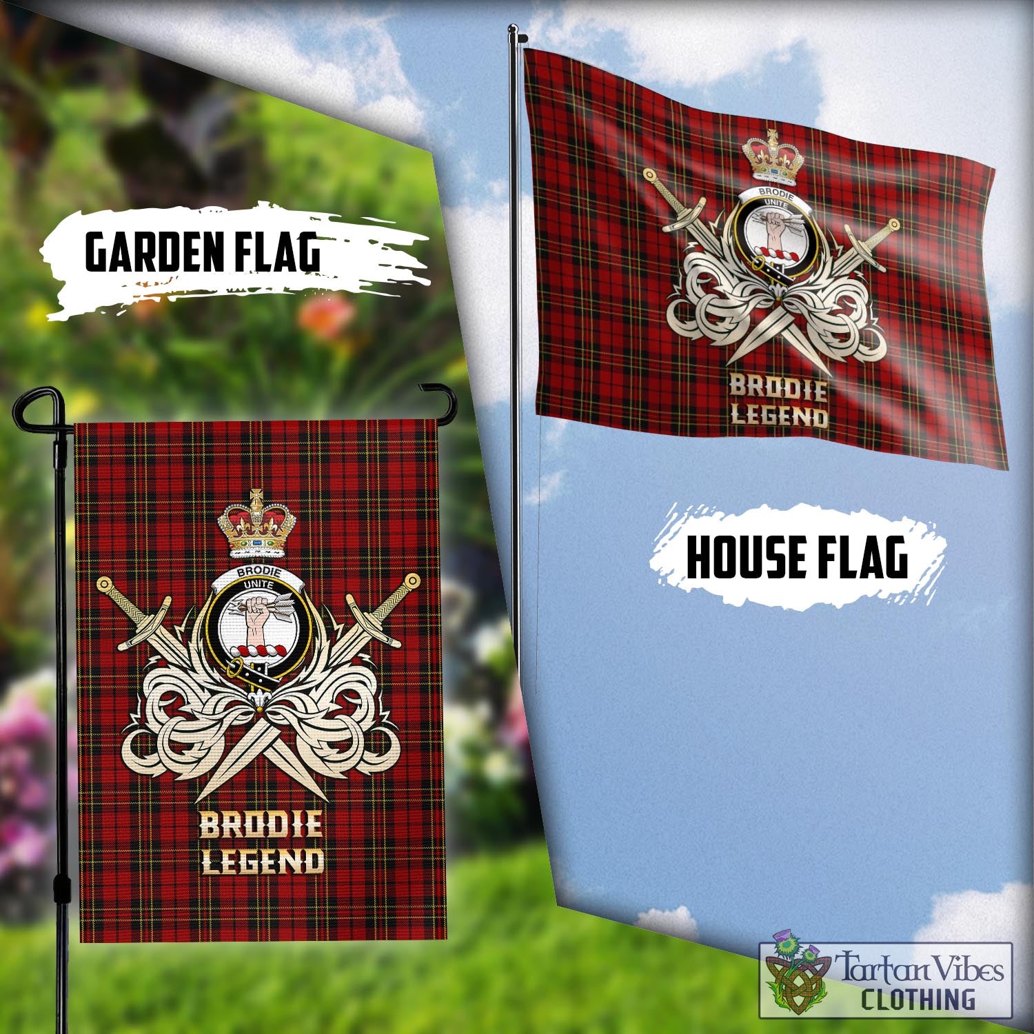 Tartan Vibes Clothing Brodie Tartan Flag with Clan Crest and the Golden Sword of Courageous Legacy