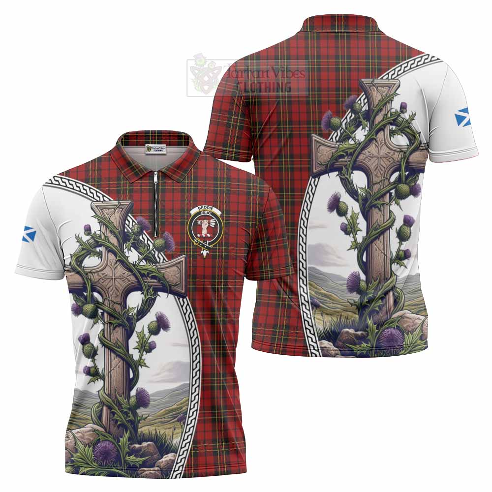 Tartan Vibes Clothing Brodie Tartan Zipper Polo Shirt with Family Crest and St. Andrew's Cross Accented by Thistle Vines