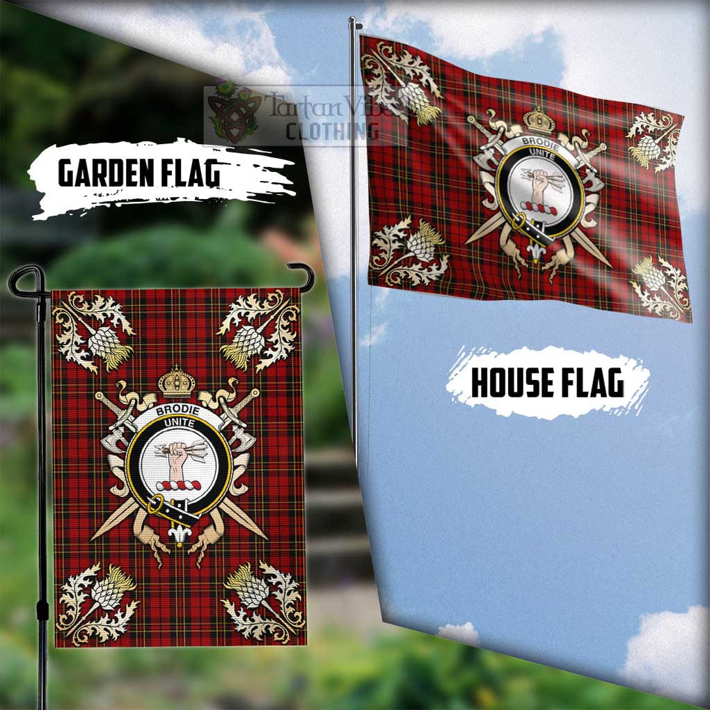 Tartan Vibes Clothing Brodie Tartan Flag with Family Crest and Golden Thistle Crossed Sword Design