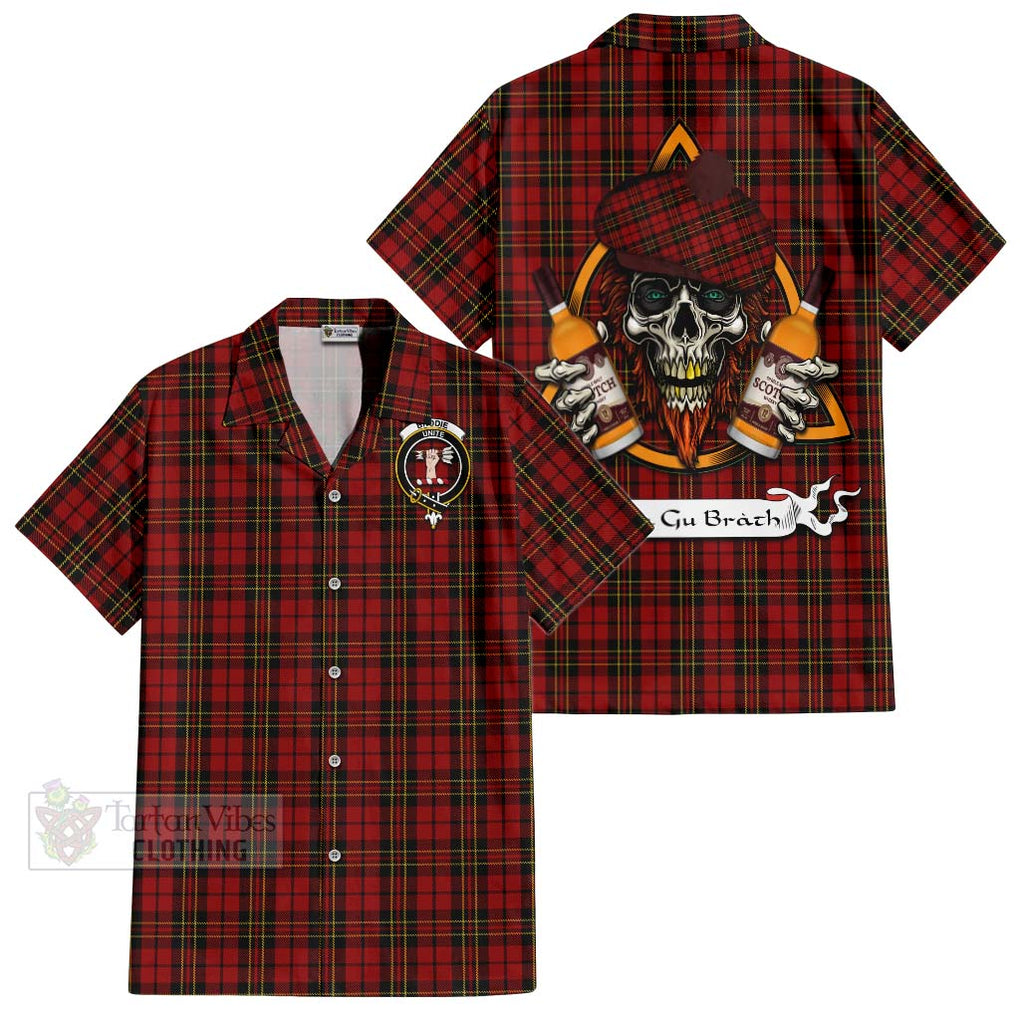 Tartan Vibes Clothing Brodie Tartan Short Sleeve Button Shirt with Family Crest and Bearded Skull Holding Bottles of Whiskey