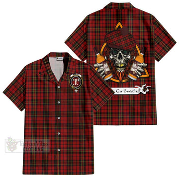 Brodie Tartan Short Sleeve Button Shirt with Family Crest and Bearded Skull Holding Bottles of Whiskey