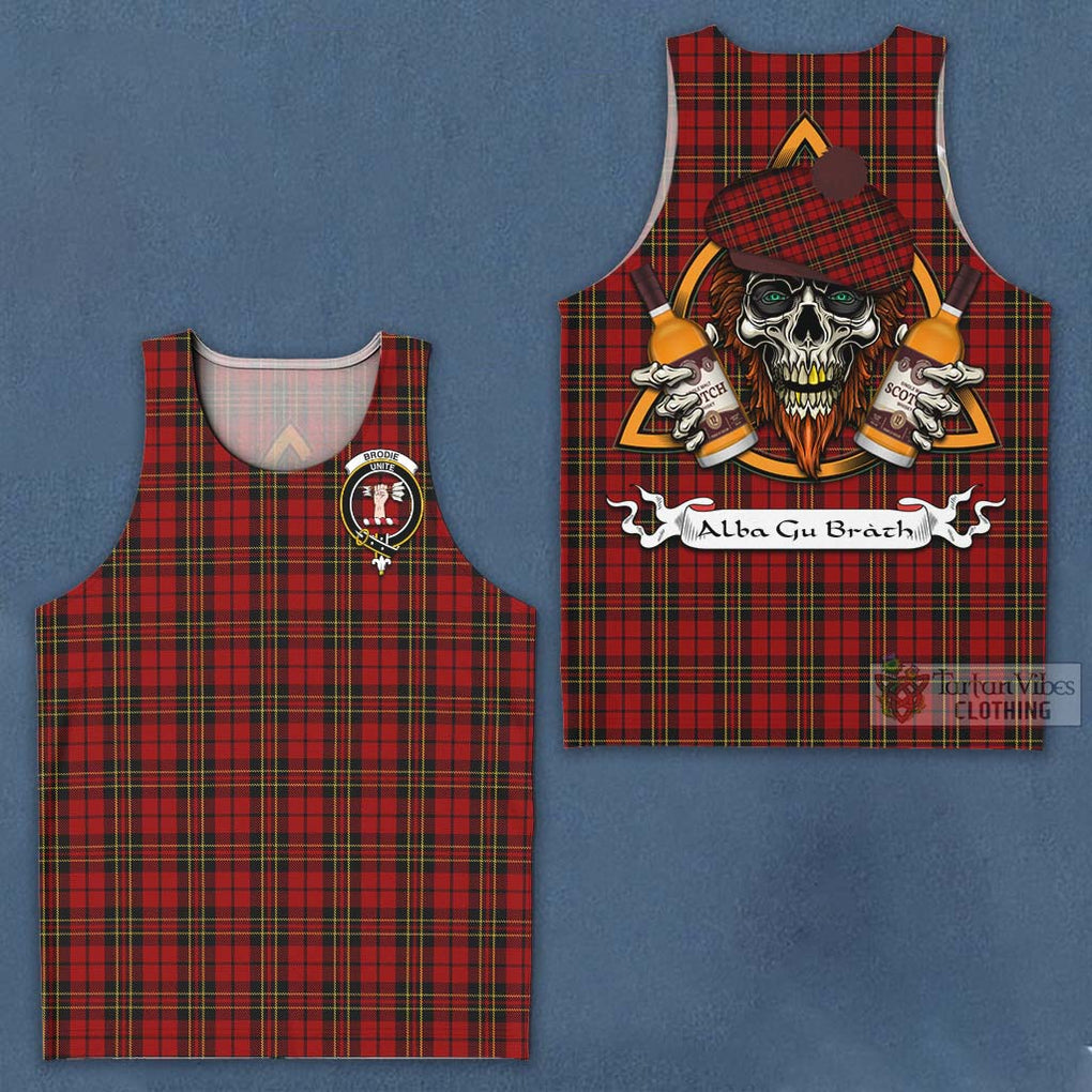 Tartan Vibes Clothing Brodie Tartan Men's Tank Top with Family Crest and Bearded Skull Holding Bottles of Whiskey