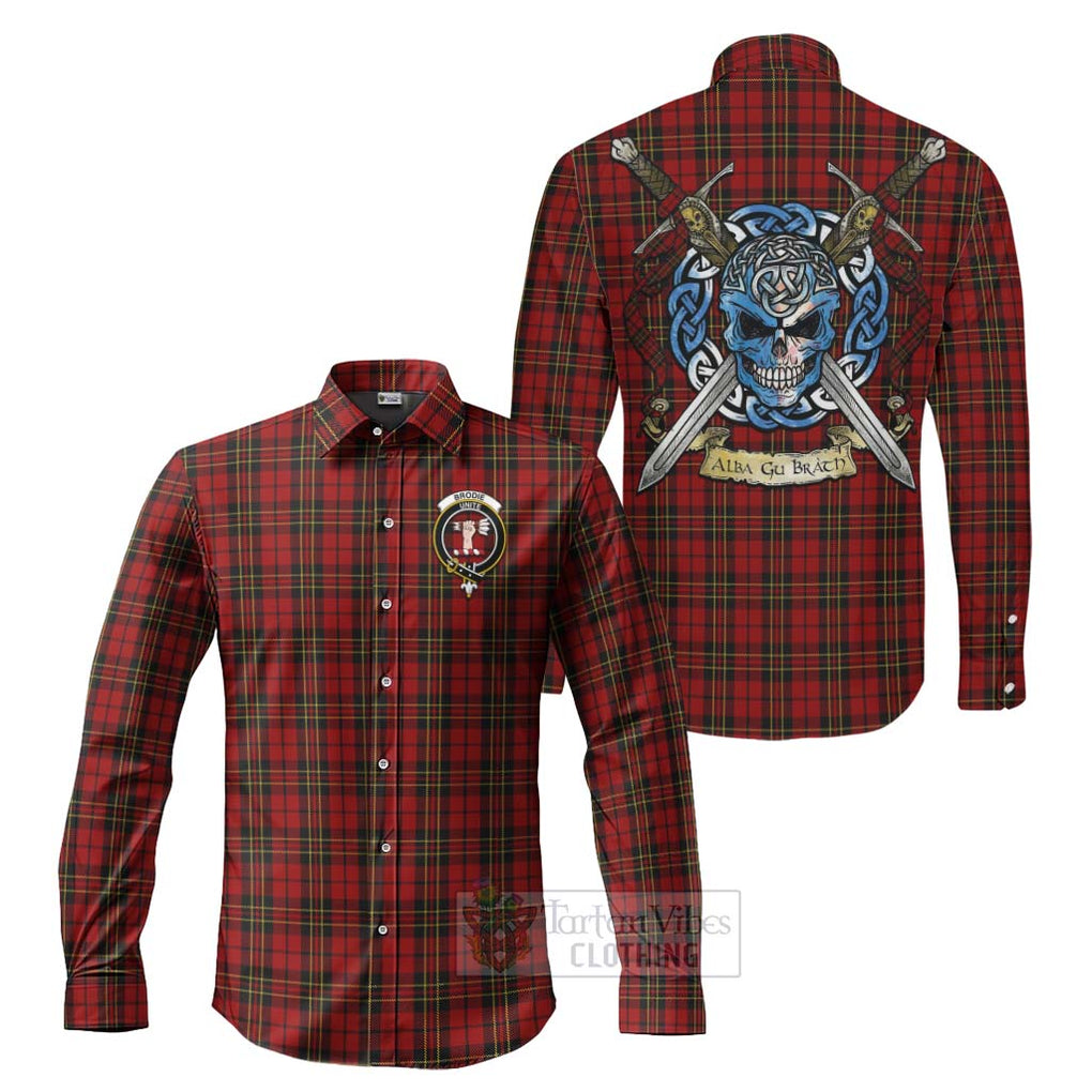 Tartan Vibes Clothing Brodie Tartan Long Sleeve Button Shirt with Family Crest Celtic Skull Style