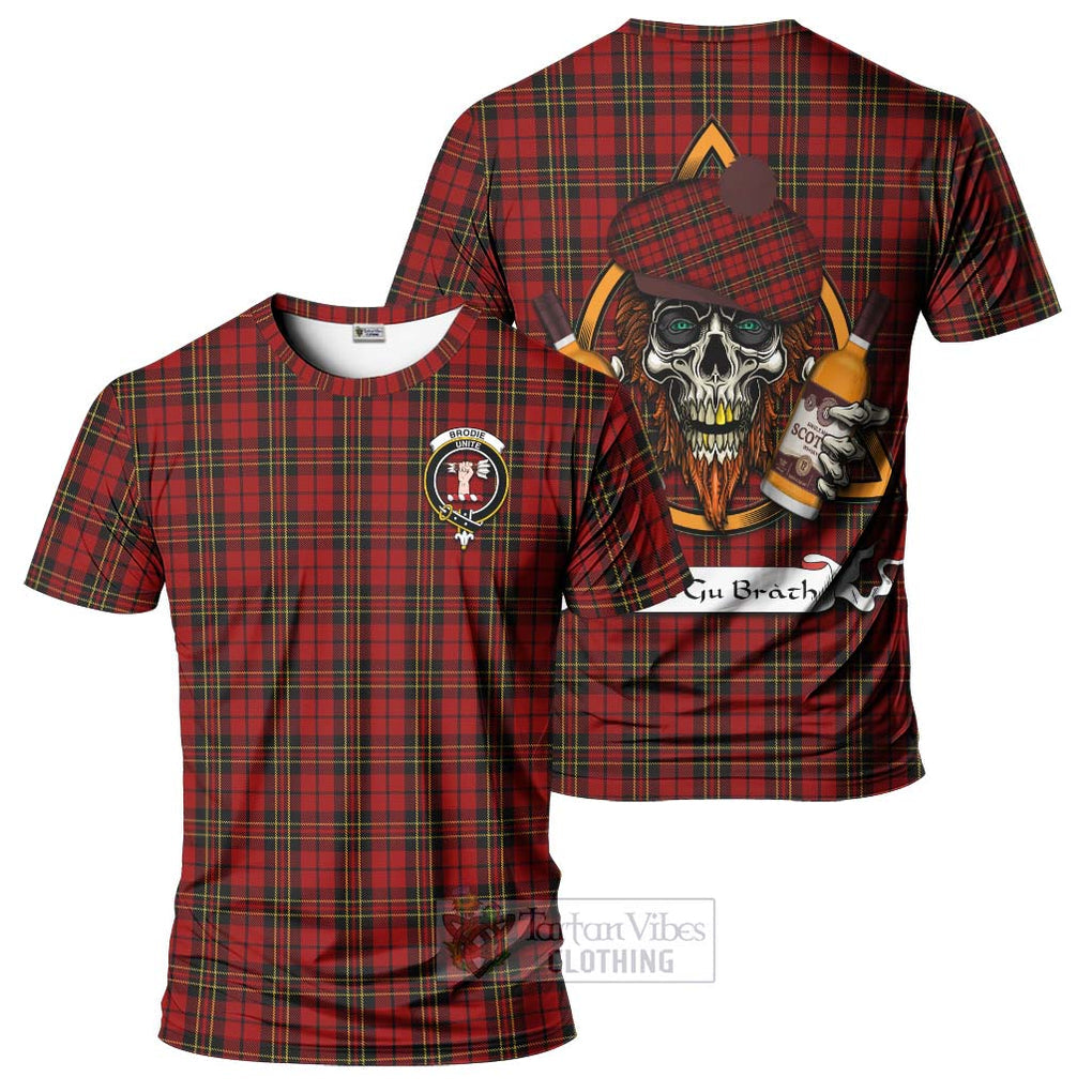 Tartan Vibes Clothing Brodie Tartan T-Shirt with Family Crest and Bearded Skull Holding Bottles of Whiskey