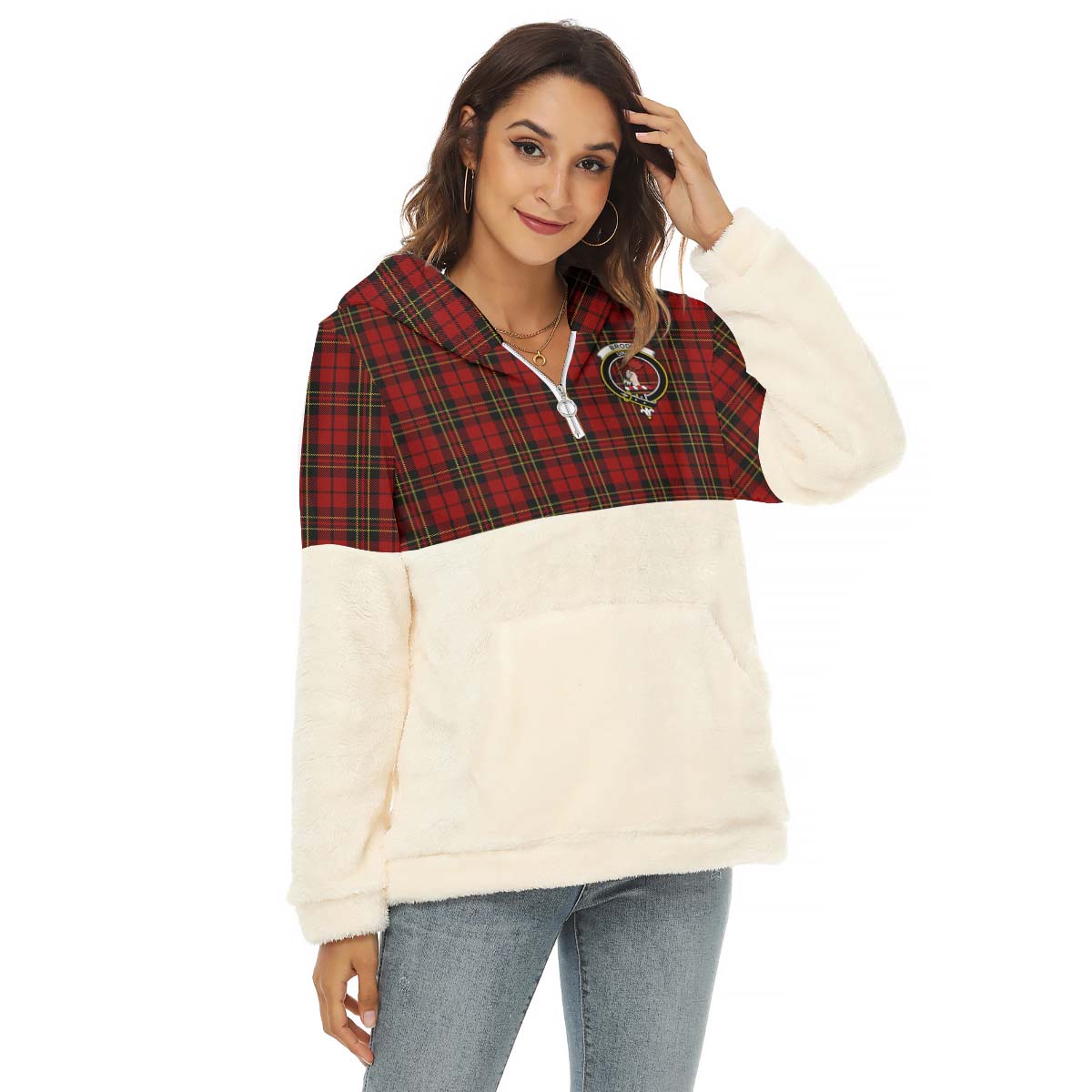 Brodie Tartan Women's Borg Fleece Hoodie With Half Zip with Family Crest Female - Tartanvibesclothing