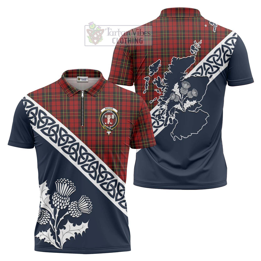 Tartan Vibes Clothing Brodie Tartan Zipper Polo Shirt Featuring Thistle and Scotland Map