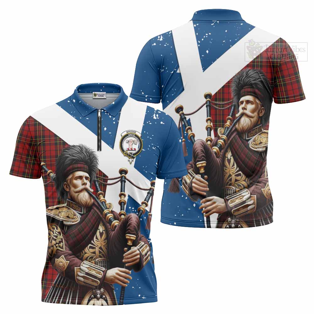 Tartan Vibes Clothing Brodie Tartan Zipper Polo Shirt with Family Crest Scottish Bagpiper Vibes