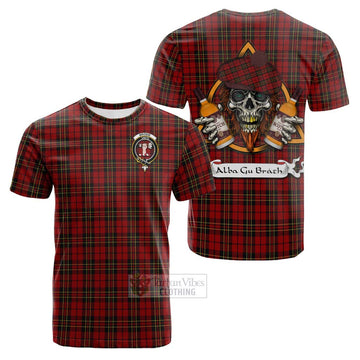 Brodie Tartan Cotton T-shirt with Family Crest and Bearded Skull Holding Bottles of Whiskey