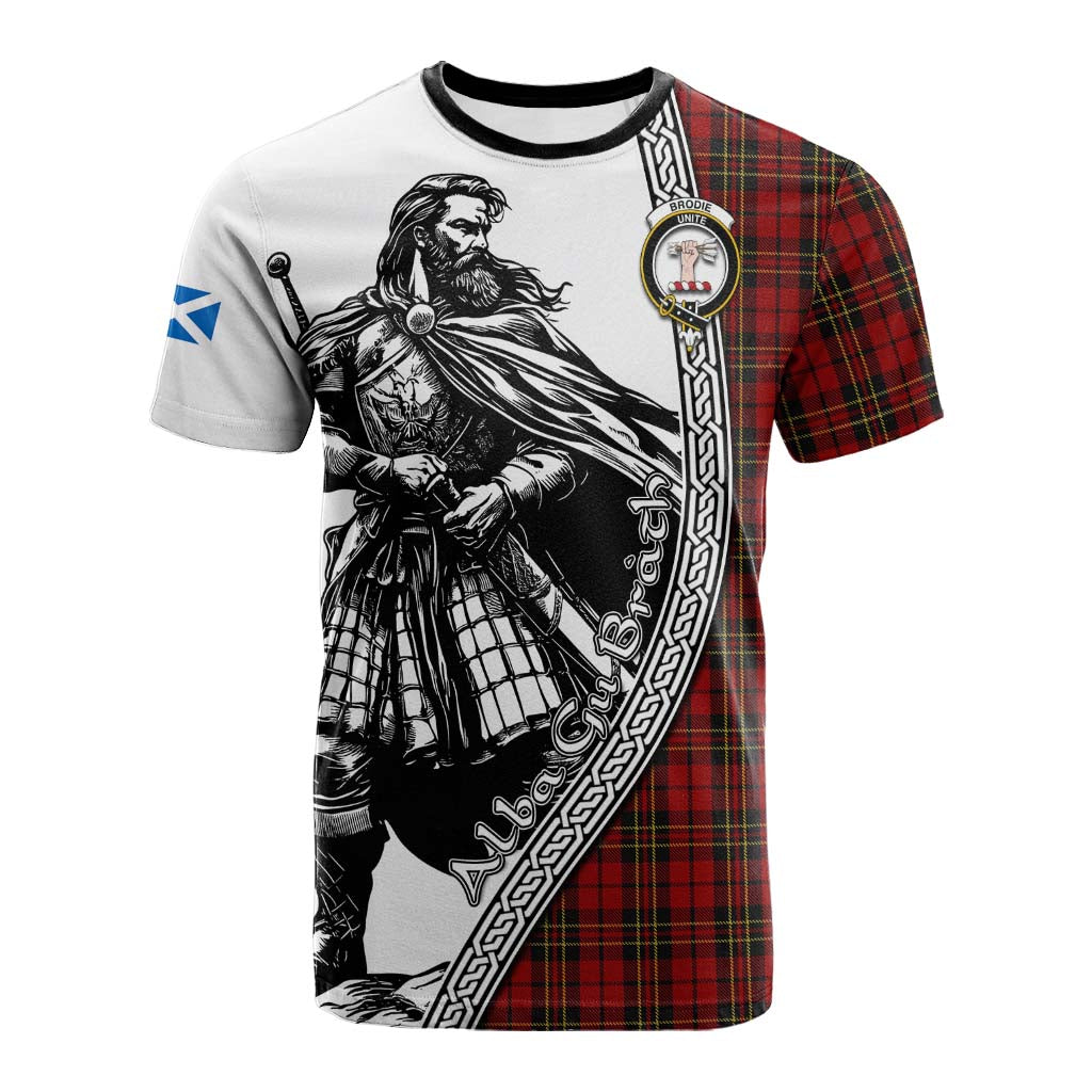 Brodie Tartan Clan Crest Cotton T-shirt with Highlander Warrior Celtic Style