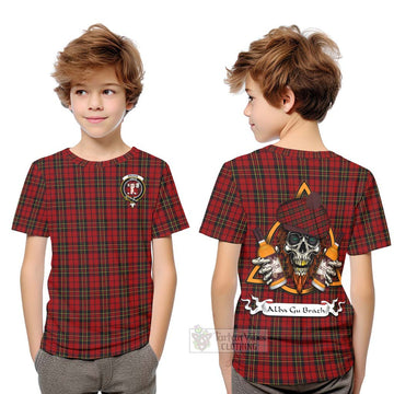 Brodie Tartan Kid T-Shirt with Family Crest and Bearded Skull Holding Bottles of Whiskey