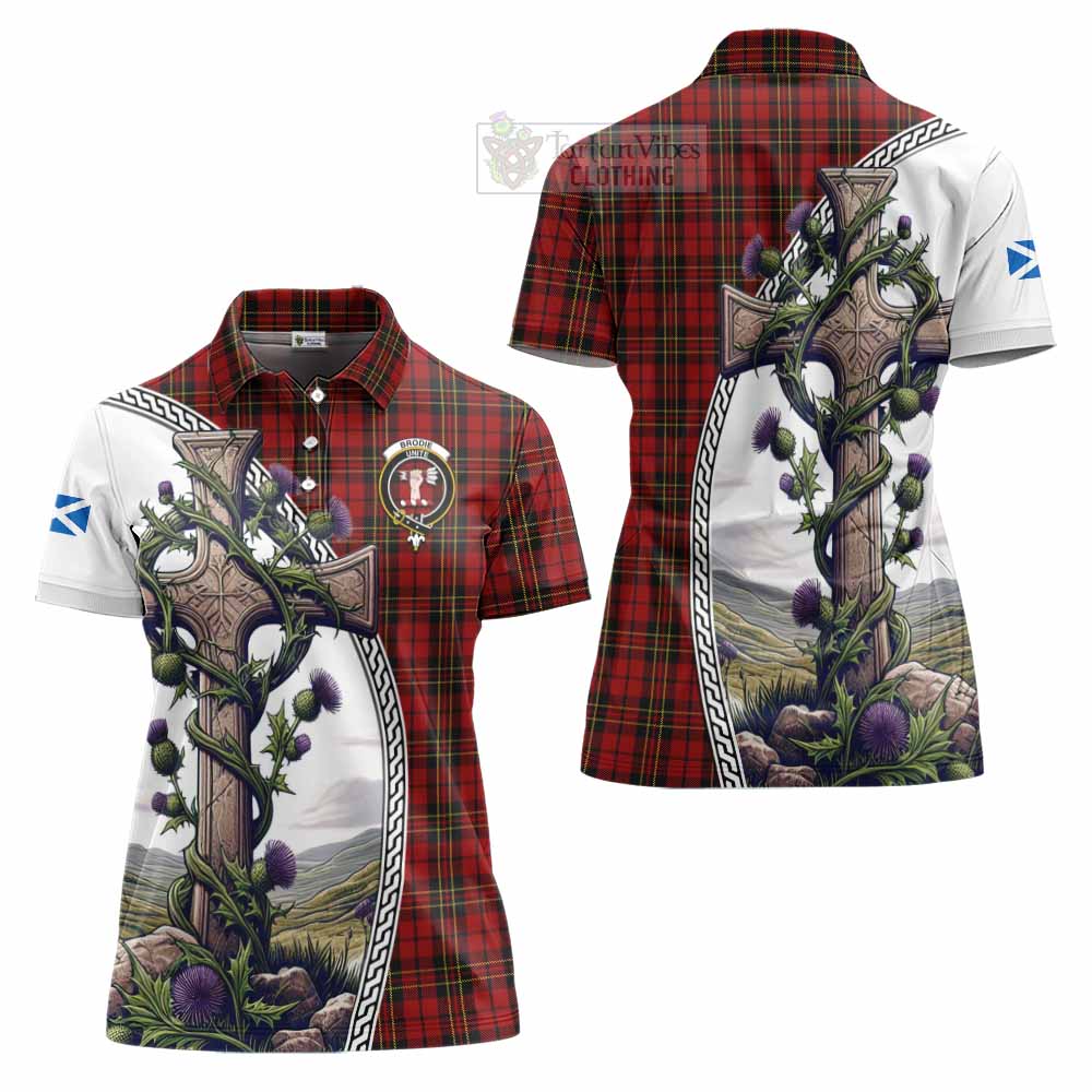 Tartan Vibes Clothing Brodie Tartan Women's Polo Shirt with Family Crest and St. Andrew's Cross Accented by Thistle Vines