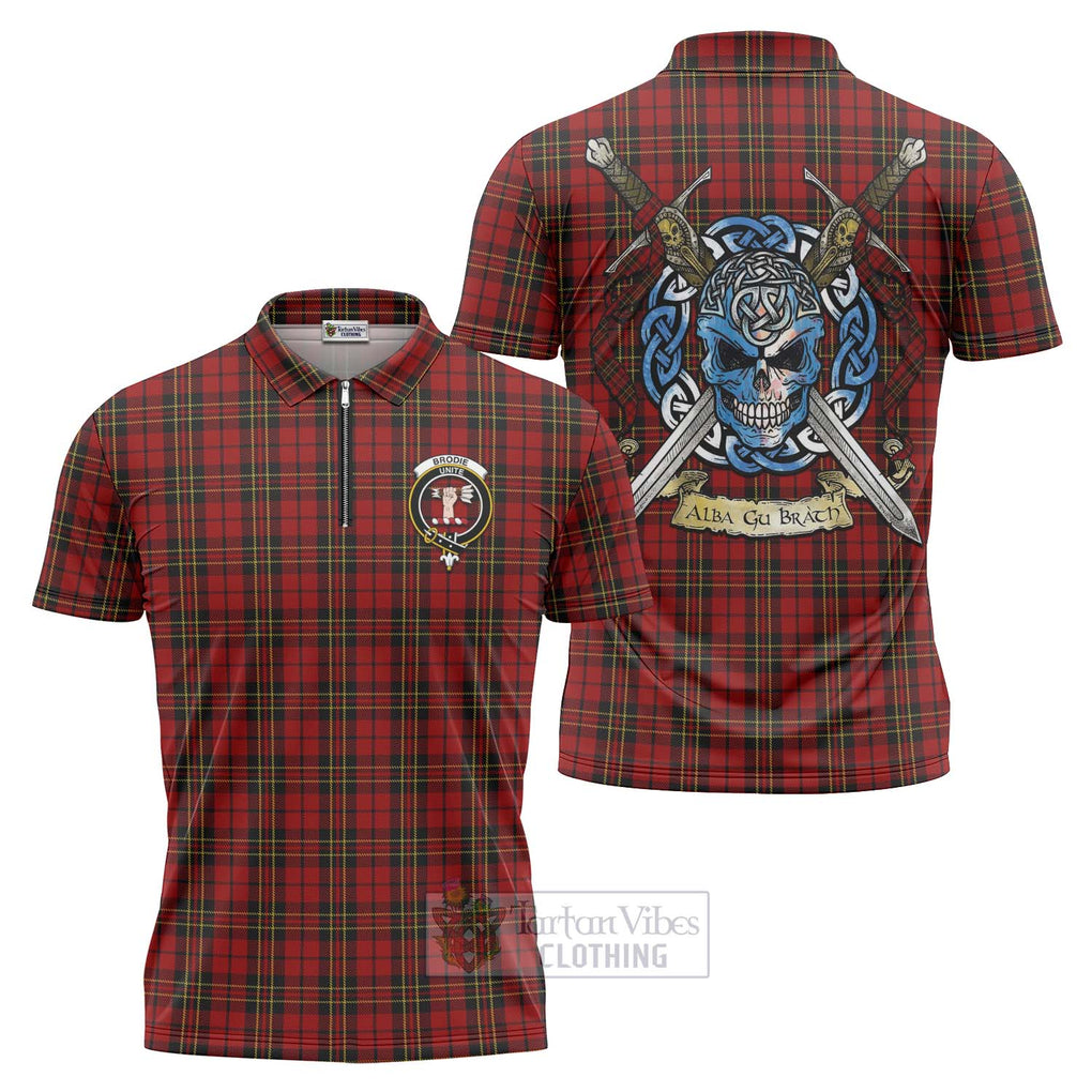 Tartan Vibes Clothing Brodie Tartan Zipper Polo Shirt with Family Crest Celtic Skull Style