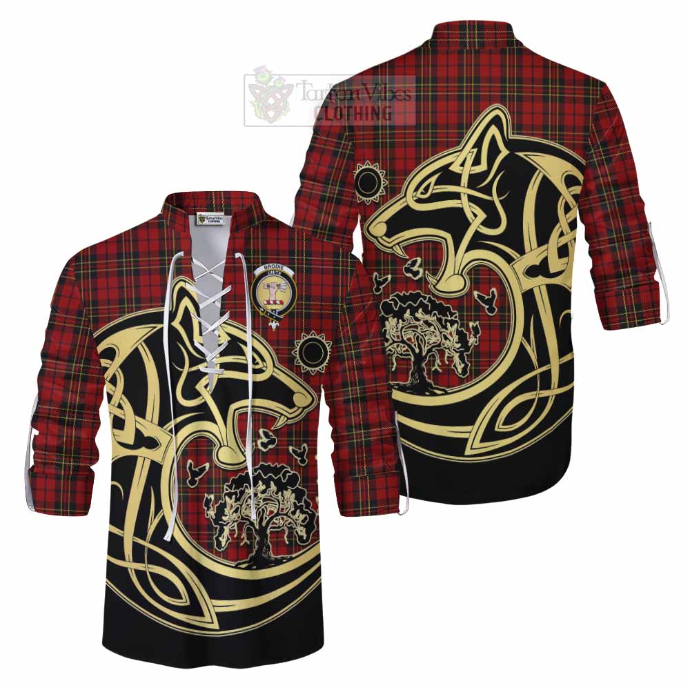 Tartan Vibes Clothing Brodie Tartan Ghillie Kilt Shirt with Family Crest Celtic Wolf Style