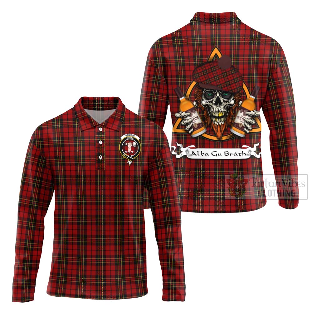 Tartan Vibes Clothing Brodie Tartan Long Sleeve Polo Shirt with Family Crest and Bearded Skull Holding Bottles of Whiskey