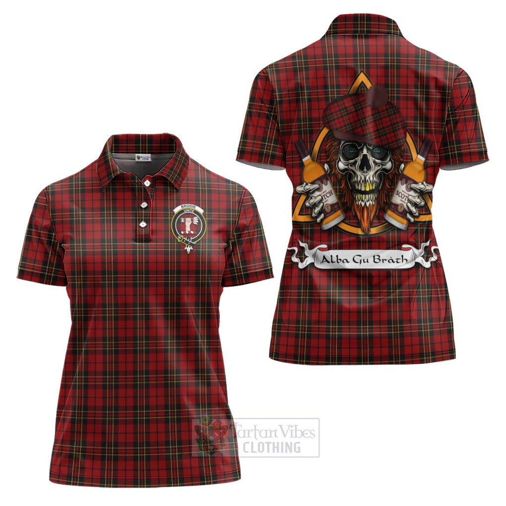 Tartan Vibes Clothing Brodie Tartan Women's Polo Shirt with Family Crest and Bearded Skull Holding Bottles of Whiskey