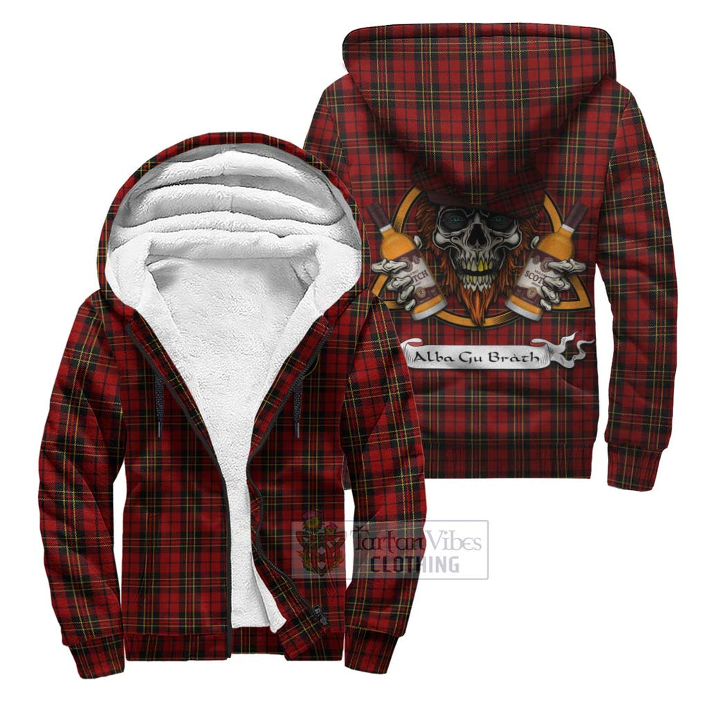 Tartan Vibes Clothing Brodie Tartan Sherpa Hoodie with Family Crest and Bearded Skull Holding Bottles of Whiskey