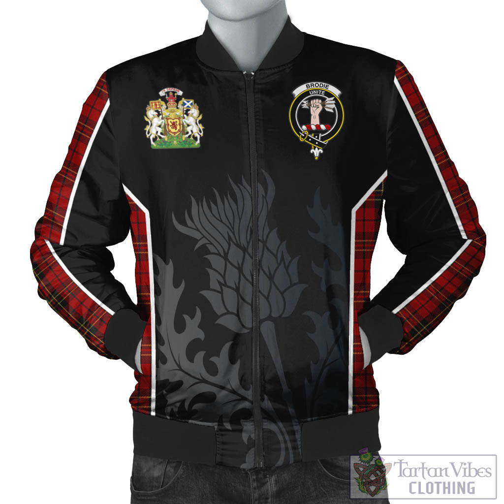 Tartan Vibes Clothing Brodie Tartan Bomber Jacket with Family Crest and Scottish Thistle Vibes Sport Style