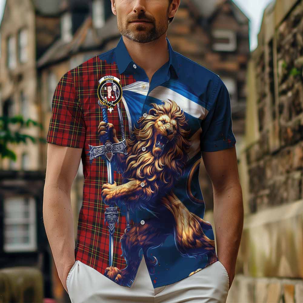 Tartan Vibes Clothing Brodie Tartan Family Crest Short Sleeve Button Shirt with Scottish Majestic Lion