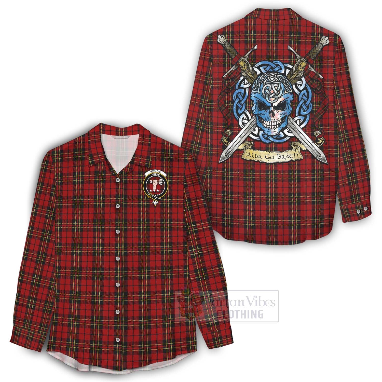 Tartan Vibes Clothing Brodie Tartan Women's Casual Shirt with Family Crest Celtic Skull Style