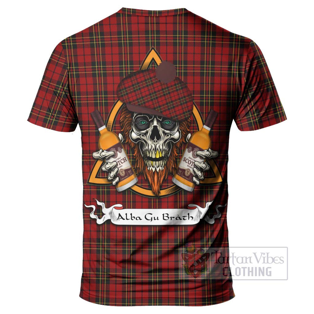 Tartan Vibes Clothing Brodie Tartan T-Shirt with Family Crest and Bearded Skull Holding Bottles of Whiskey