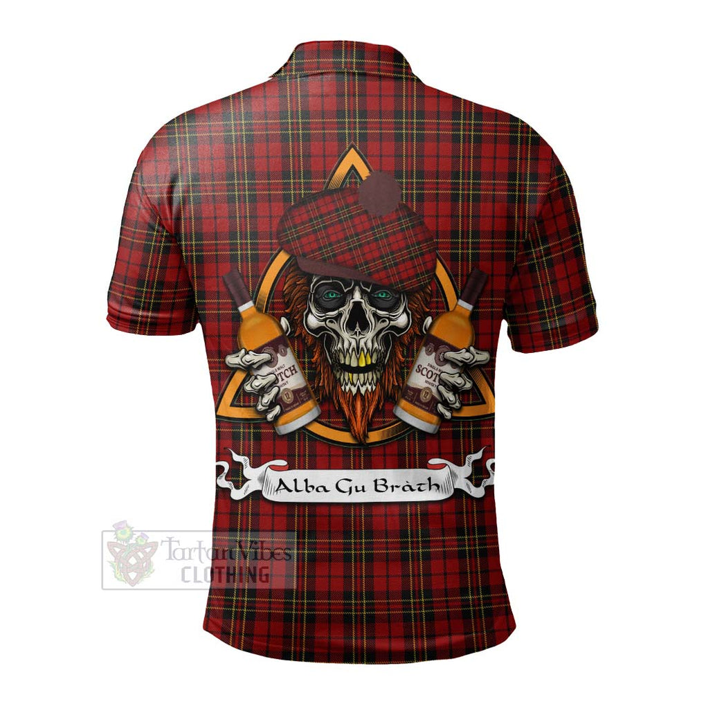 Tartan Vibes Clothing Brodie Tartan Polo Shirt with Family Crest and Bearded Skull Holding Bottles of Whiskey