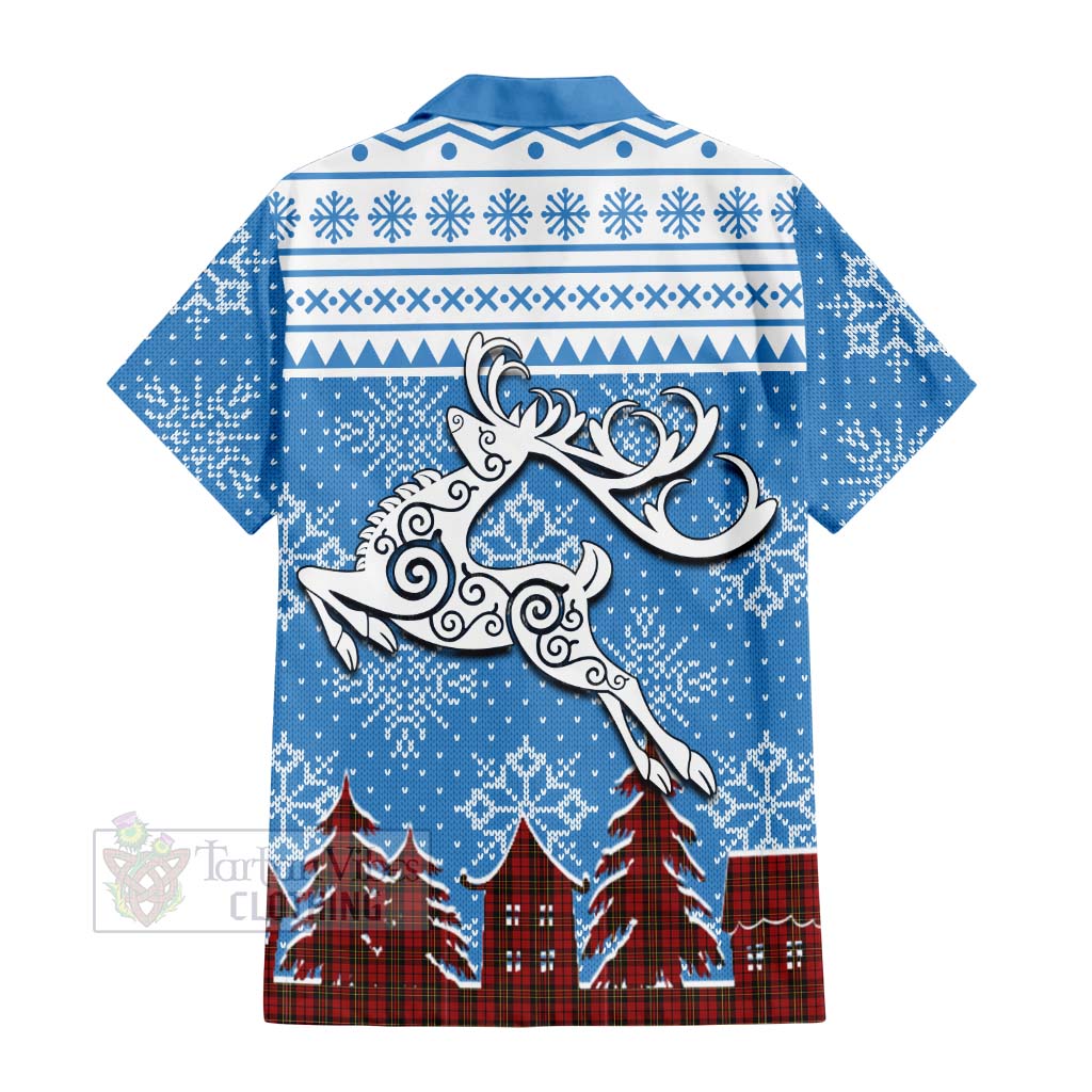 Tartan Vibes Clothing Brodie Clan Christmas Short Sleeve Button Shirt Celtic Reindeer Style