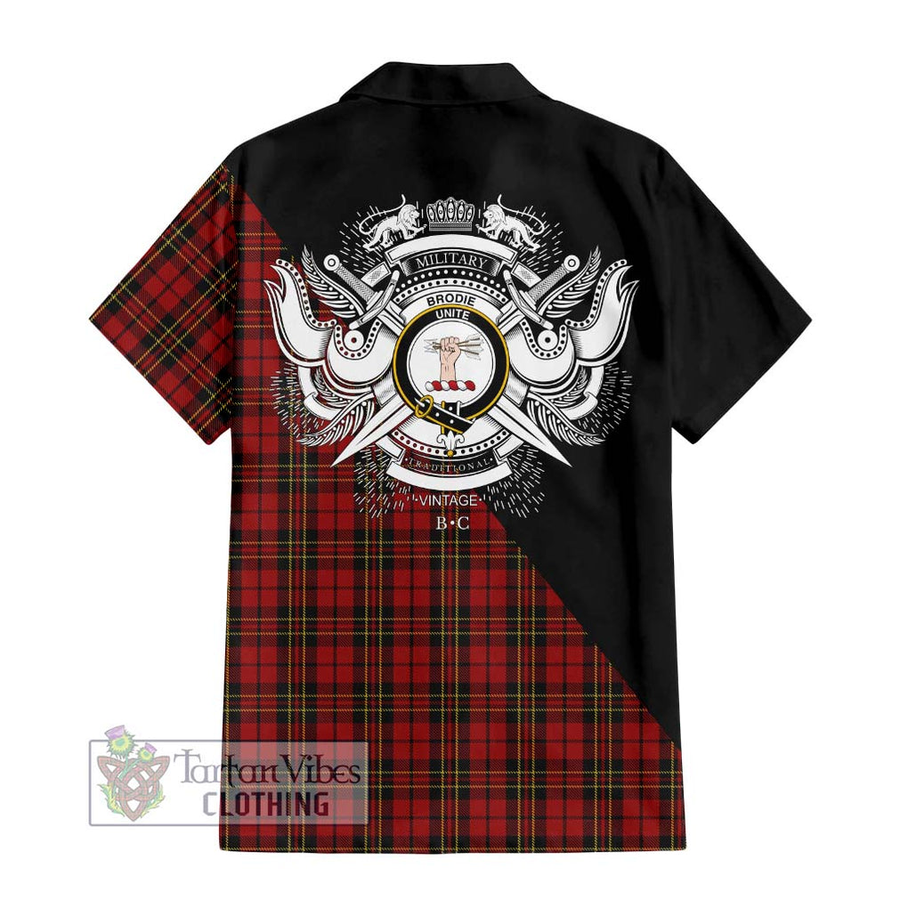 Brodie Tartan Short Sleeve Button Shirt with Family Crest and Military Logo Style - Tartanvibesclothing Shop