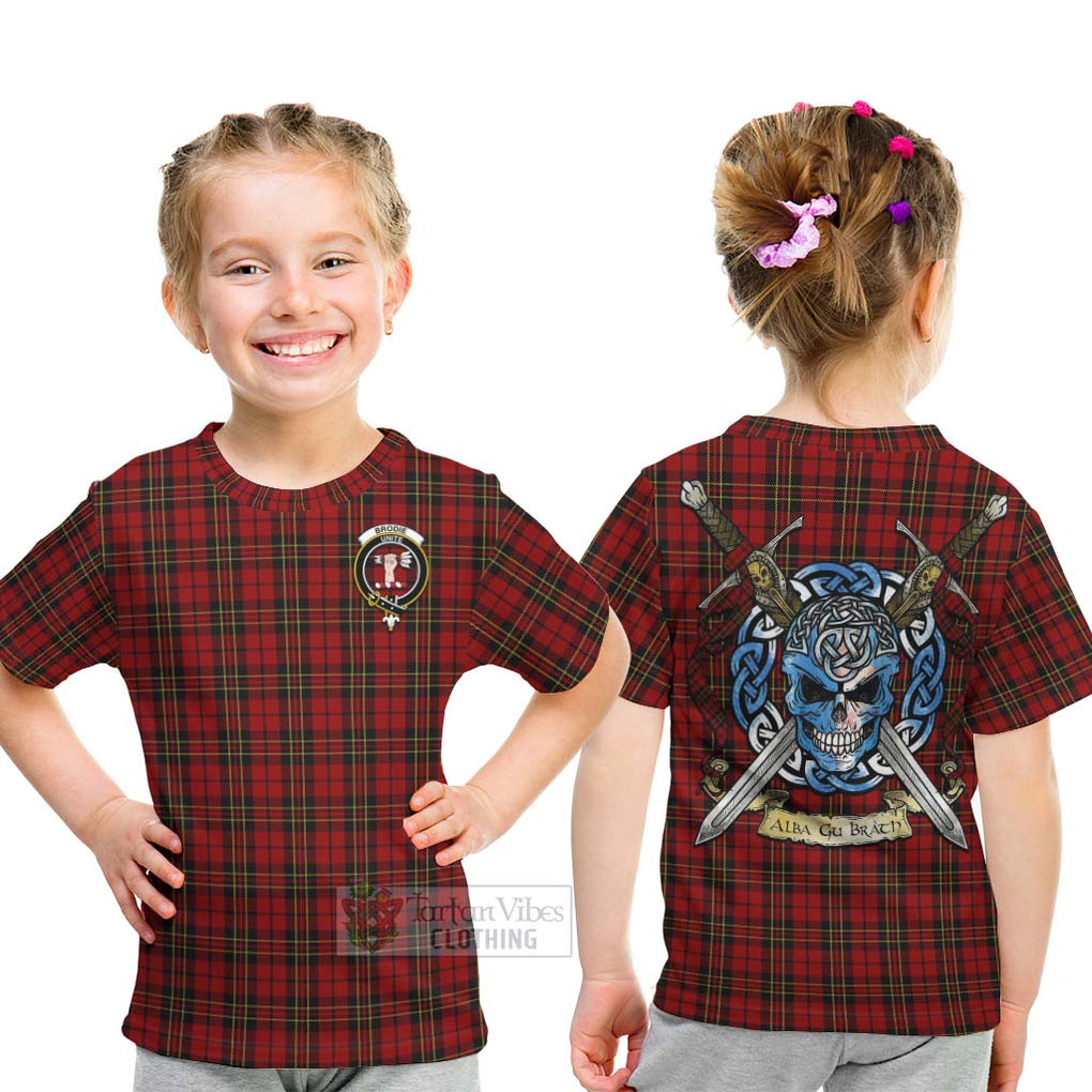 Tartan Vibes Clothing Brodie Tartan Kid T-Shirt with Family Crest Celtic Skull Style