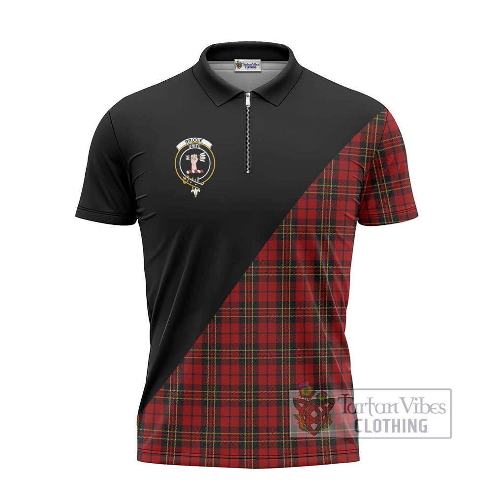 Brodie Tartan Zipper Polo Shirt with Family Crest and Military Logo Style - Tartanvibesclothing Shop