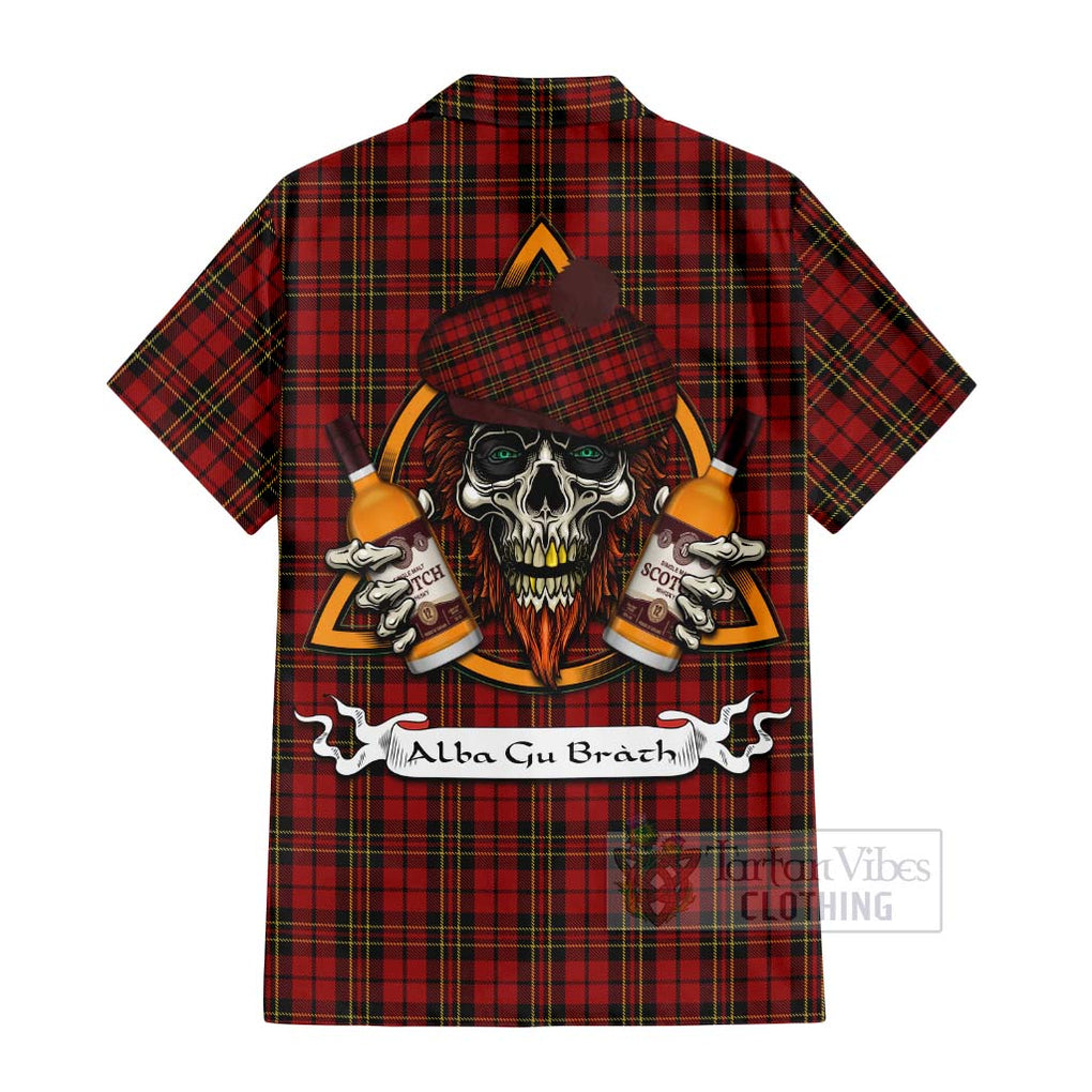 Tartan Vibes Clothing Brodie Tartan Short Sleeve Button Shirt with Family Crest and Bearded Skull Holding Bottles of Whiskey