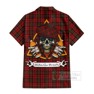 Brodie Tartan Short Sleeve Button Shirt with Family Crest and Bearded Skull Holding Bottles of Whiskey